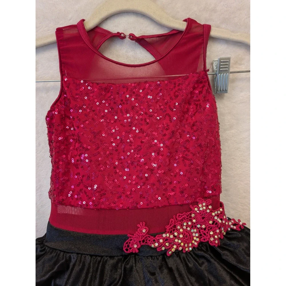 Weissman Kids Red Black Sequin Dance Costume Leotard Dress IC Intermediate Child